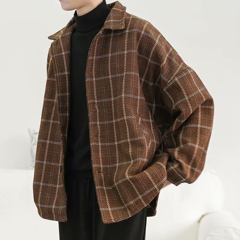 Voguable mens fashion Autumn and Winter Woolen Plaid Jacket Men's Loose Korean Chic Retro Hong Kong Style Trendy Casual All-Matching Top Jacket voguable