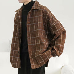 Voguable mens fashion Autumn and Winter Woolen Plaid Jacket Men's Loose Korean Chic Retro Hong Kong Style Trendy Casual All-Matching Top Jacket voguable