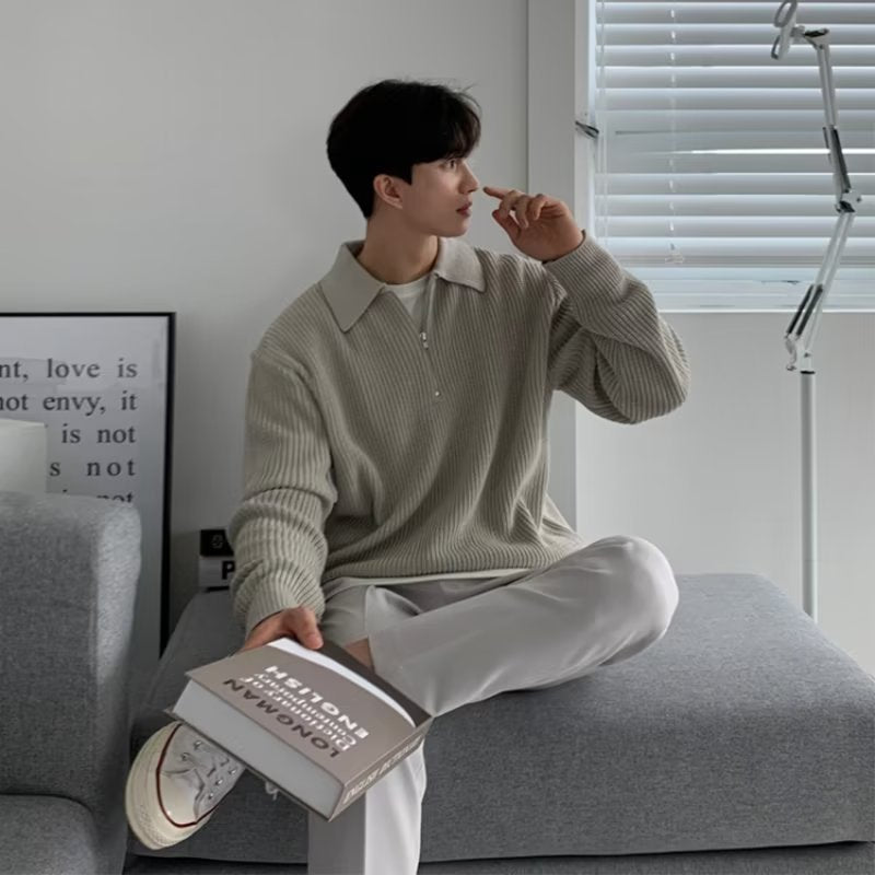 Voguable classy outfits men Korean Style High-Grade Cleanfit Half Zipper Lapel Polo Sweater Men's Early Autumn New Casual Knitted Top voguable