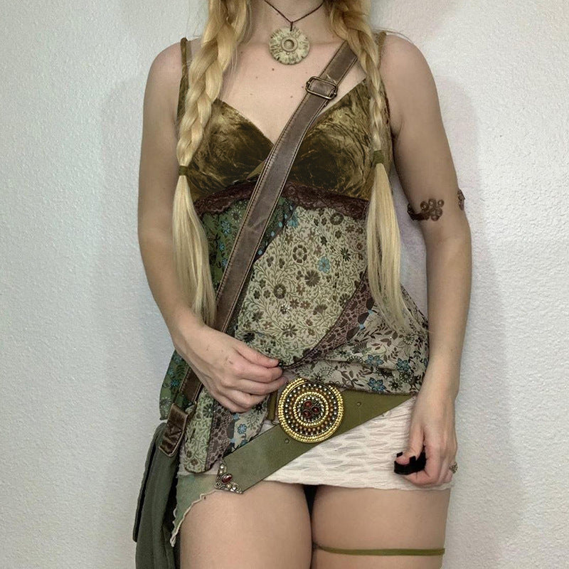 Voguable outfit inspo Retro Pastoral Mori Floral Print Camisole Women's V-neck Loose Lace Stitching Irregular Vest voguable