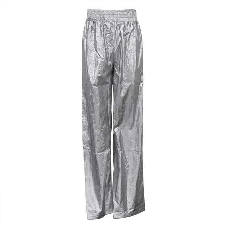 Fashionable Windproof Women's Pants  Autumn Silver Elastic Waist Loose Straight Leg Slimming Y2K Wide Leg Pants voguable