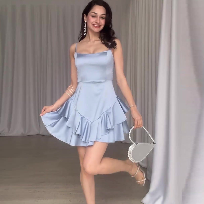 Voguable hoco dresses Summer New Solid Color Satin Slim Fit Slimming A- line Suspender Skirt voguable