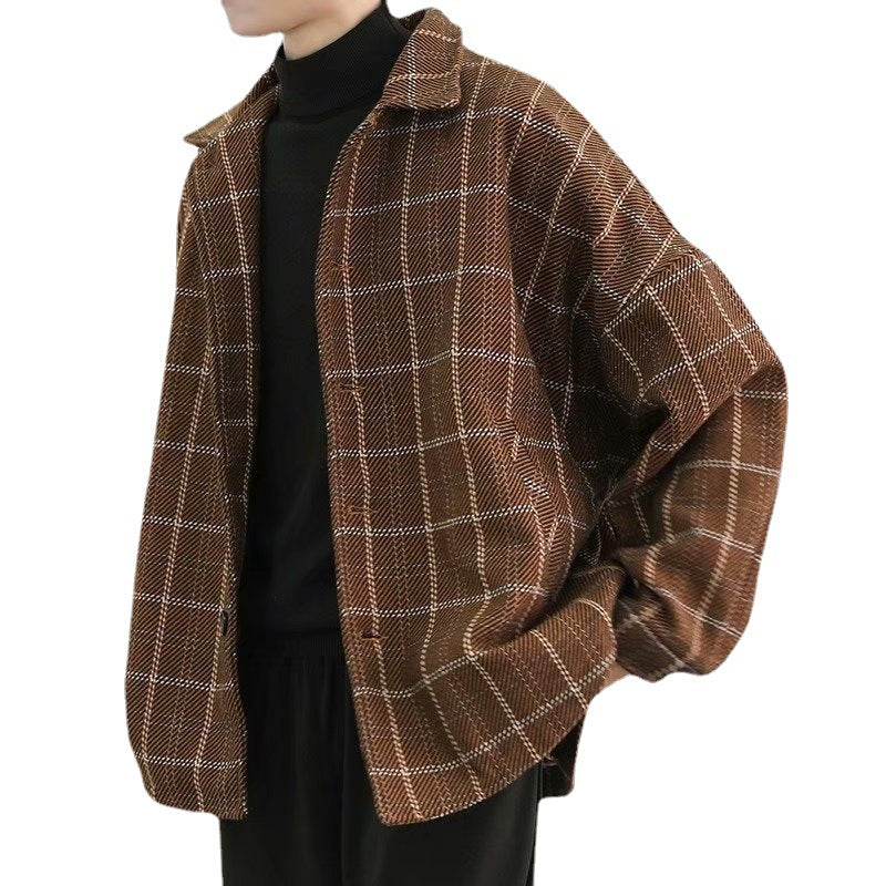 Voguable mens fashion Autumn and Winter Woolen Plaid Jacket Men's Loose Korean Chic Retro Hong Kong Style Trendy Casual All-Matching Top Jacket voguable