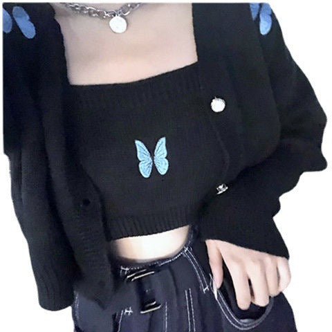 Voguable outfit Autumn New Korean Style Preppy Style Butterfly Embroidered Princess Sleeve Short Sling Coat Two-Piece Cardigan for Women voguable