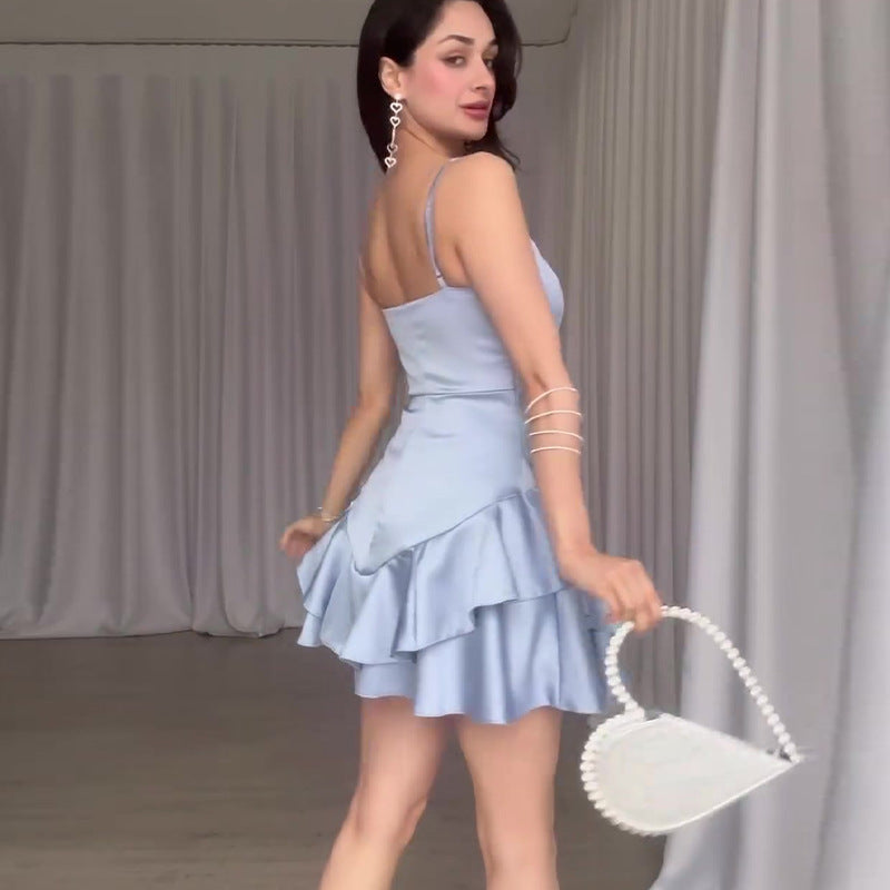 Voguable hoco dresses Summer New Solid Color Satin Slim Fit Slimming A- line Suspender Skirt voguable