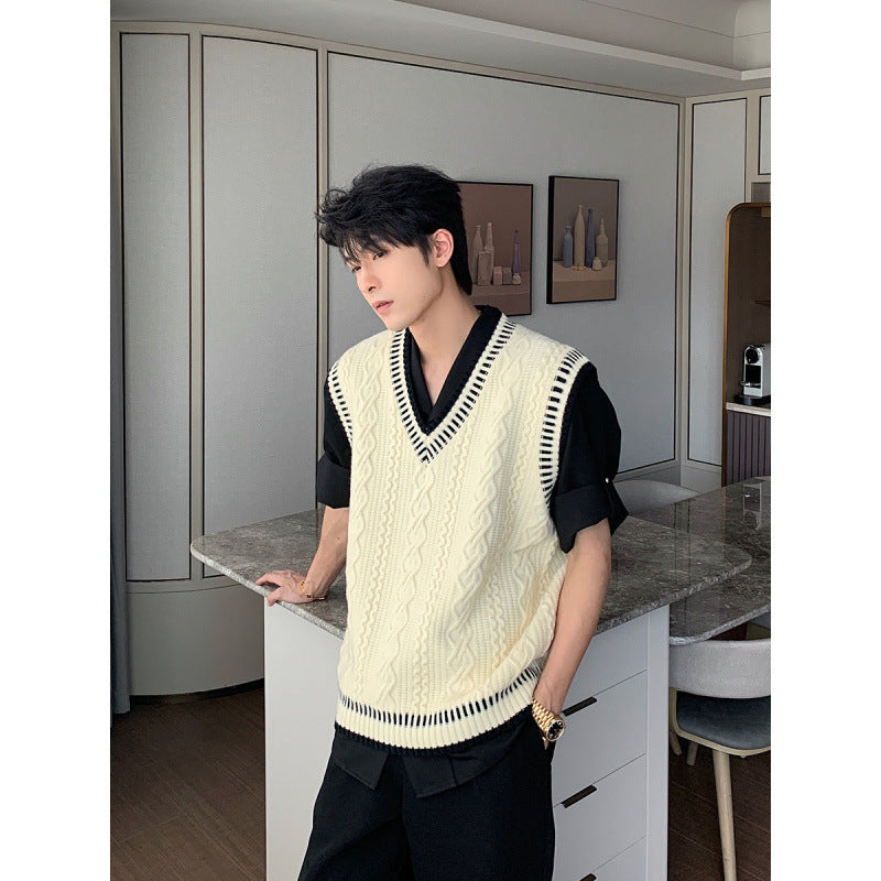 Voguable mens fashion Shanlitadi Autumn and Winter College Style Twist Sweater Men's Casual V-neck Vest Sweater Korean Style Loose Waistcoat Top voguable