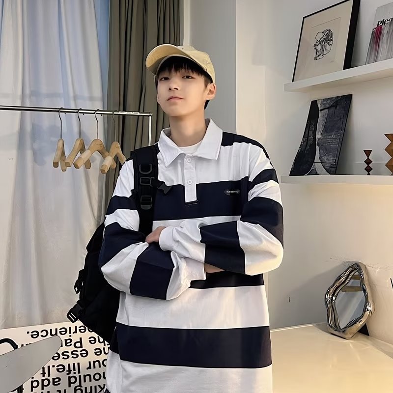 Voguable black men fashion urban Retro Color Matching Striped Long-Sleeved Polo Shirt Men's Fashion Brand Loose Boyfriend Style Couple Casual Sweater Jacket voguable