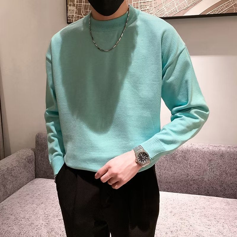 Voguable mens fashion Spring and Autumn New Pure Color Sweater Men's Fresh round Neck Basic Long Sleeve Youth Casual Drop Shoulder Bottoming Shirt voguable