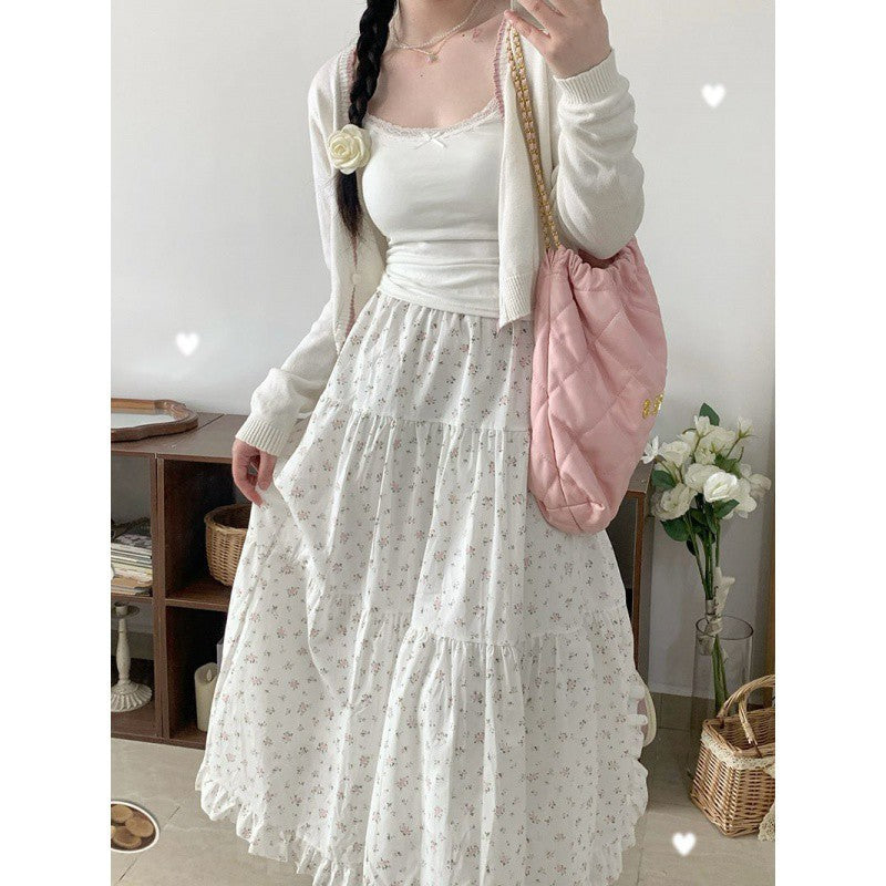Voguable 90s fashion Young-Looking Wooden Ear Small Fresh Floral Skirt Women's Japanese Soft Girl Niche Super Sweet Stitching Cake Dress voguable