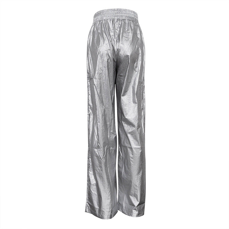 Fashionable Windproof Women's Pants  Autumn Silver Elastic Waist Loose Straight Leg Slimming Y2K Wide Leg Pants voguable