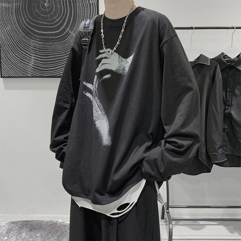 Voguable grunge outfits Autumn T-shirt Men's Long-Sleeved Korean Style Hong Kong Style Trendy Handsome Casual All-Match Loose Inner Hip Hop Bottoming Shirt Autumn Clothes voguable