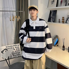 Voguable black men fashion urban Retro Color Matching Striped Long-Sleeved Polo Shirt Men's Fashion Brand Loose Boyfriend Style Couple Casual Sweater Jacket voguable