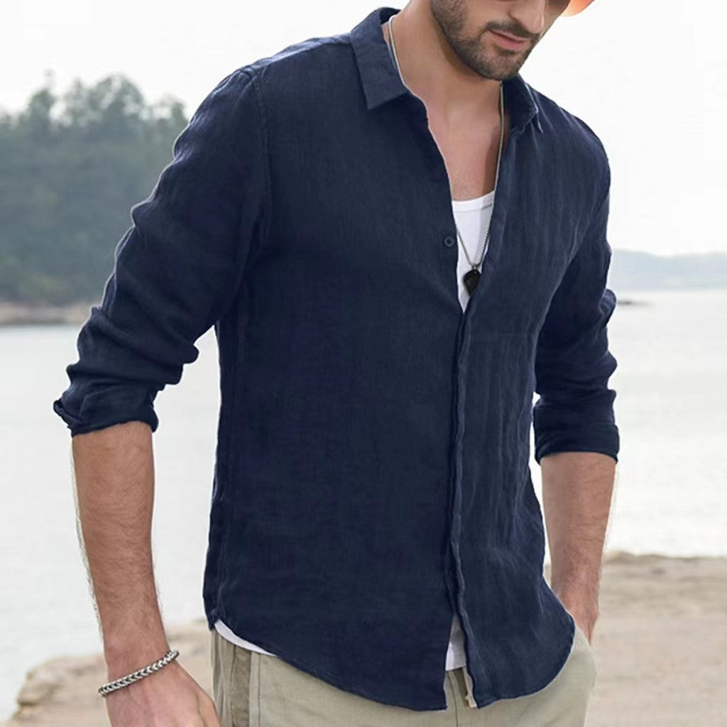 Voguable men’s fashion Pure Cotton Solid Color Long-Sleeved Shirt Men's Youth Casual Cardigan Shirt Men's Coat Promotion voguable
