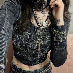 Voguable grunge outfits New Hot Rhinestone Long-Sleeved T-shirt Women's Cropped Top T-shirt Women's Long-Sleeved Autumn voguable