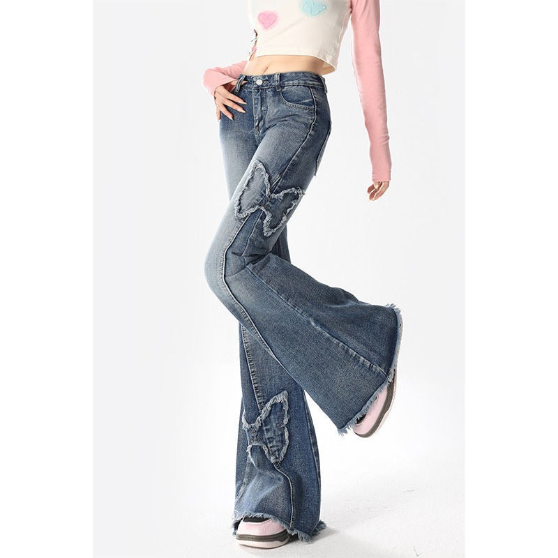 Voguable 2000s fashion American Retro Butterfly Embroidered Micro Flared Jeans for Women New Popular Design High Waist Mopping Pants voguable