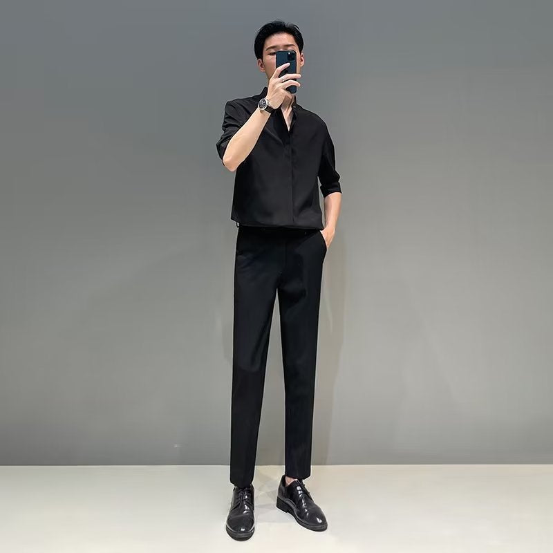 Voguable classy outfits men New Chinese Style Stand Collar Short-Sleeved Shirt Men's Summer New Niche Shirt Trendy Ice Silk Drape All-Match Top voguable