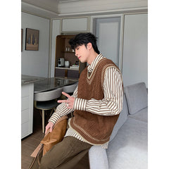 Voguable mens fashion Shanlitadi Autumn and Winter College Style Twist Sweater Men's Casual V-neck Vest Sweater Korean Style Loose Waistcoat Top voguable
