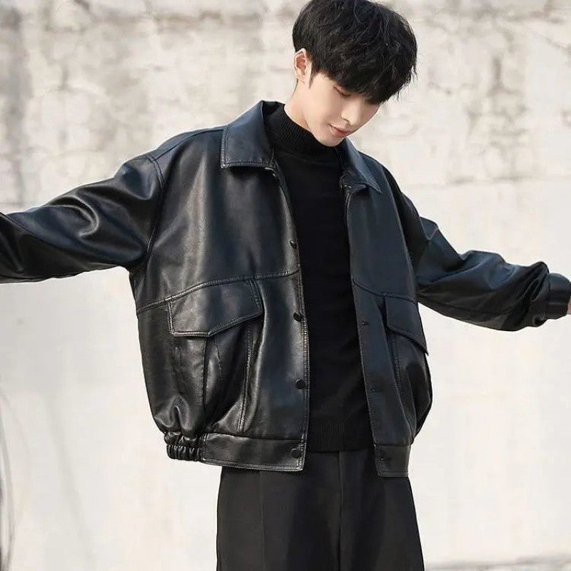 Voguable bomber jacket Korean Style Trendy Loose Leather Jacket Men's Short Motorcycle Clothing Student Pilot Leather Jacket Spring and Autumn plus Size Coat voguable