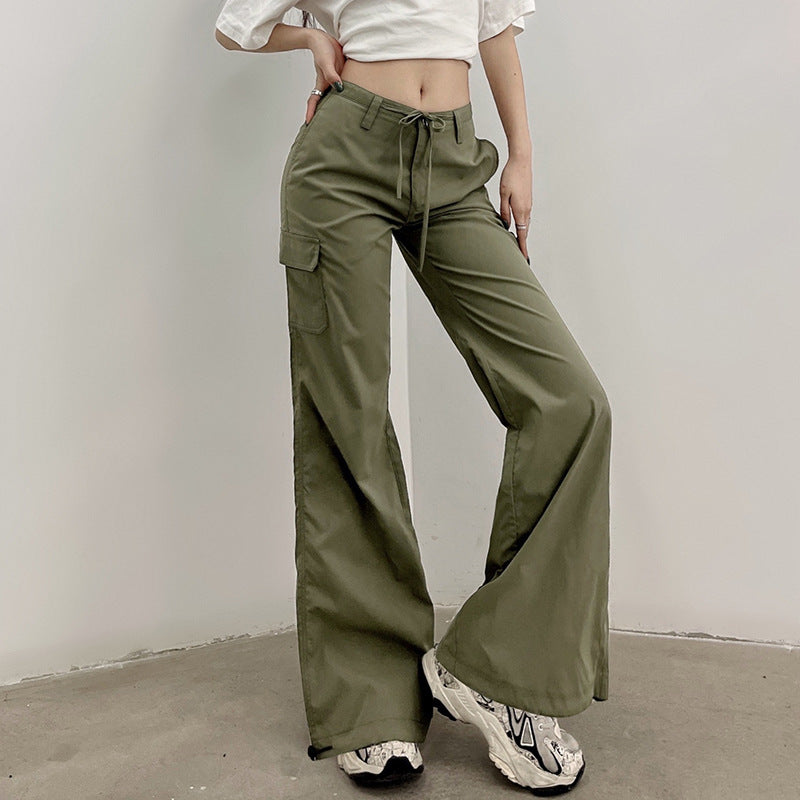 Voguable 2000s fashion Women's Spring Fashion Bow Lace-up Pocket Overalls Low Waist Slimming Casual Ankle-Tied Pants voguable