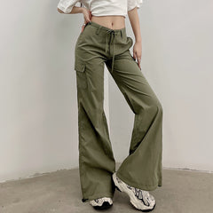 Voguable 2000s fashion Women's Spring Fashion Bow Lace-up Pocket Overalls Low Waist Slimming Casual Ankle-Tied Pants voguable