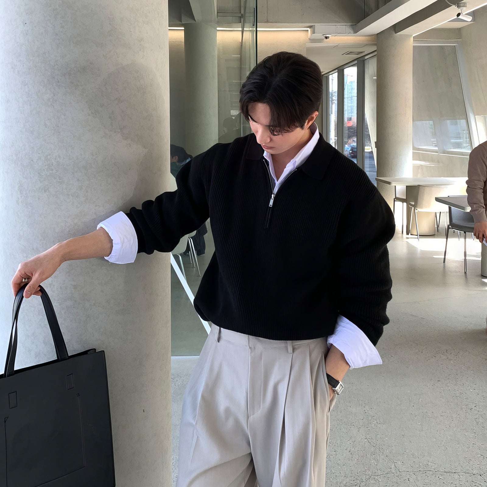 Voguable classy outfits men Korean Style High-Grade Cleanfit Half Zipper Lapel Polo Sweater Men's Early Autumn New Casual Knitted Top voguable
