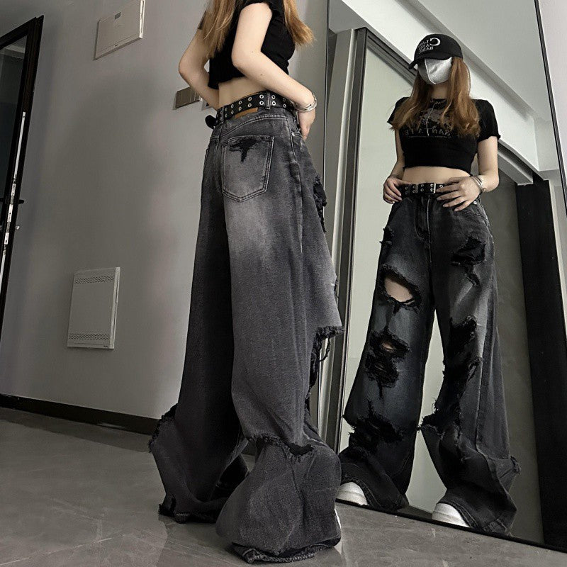 Voguable grunge dti American High Street Ripped Jeans Men's and Women's Summer Loose Slimming Versatile Wide-Leg Trousers Washed Distressed Pants voguable