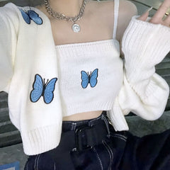 Voguable outfit Autumn New Korean Style Preppy Style Butterfly Embroidered Princess Sleeve Short Sling Coat Two-Piece Cardigan for Women voguable