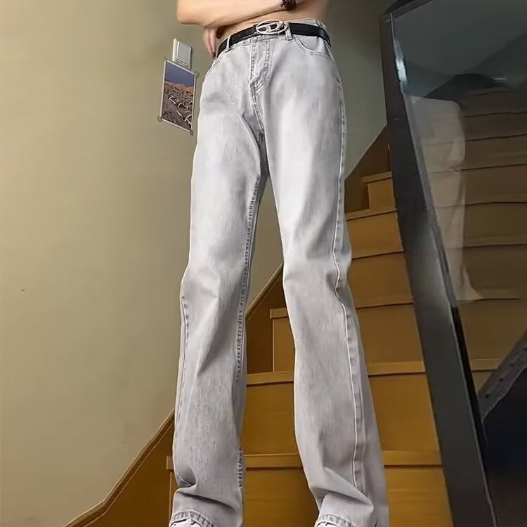 Voguable masc outfits Retro Blue Narrow Slim Jeans Men's Summer Vintage Washed American Pants High Waist Slimming Flared Pants voguable