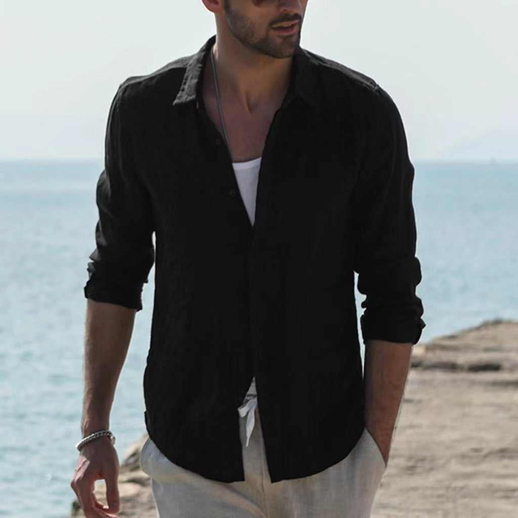 Voguable men’s fashion Pure Cotton Solid Color Long-Sleeved Shirt Men's Youth Casual Cardigan Shirt Men's Coat Promotion voguable