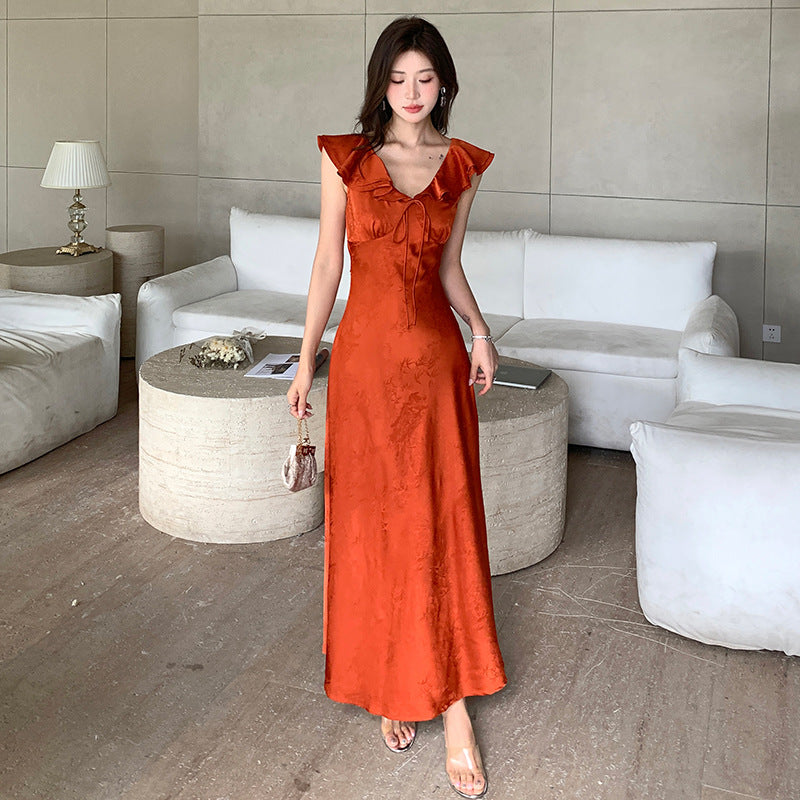 Voguable masquerade dress to impress High Quality Summer New Elegant Lady V-neck Sleeveless Lace-up Ruffled Collar Dress Women's Waist Slimming A- line Skirt voguable