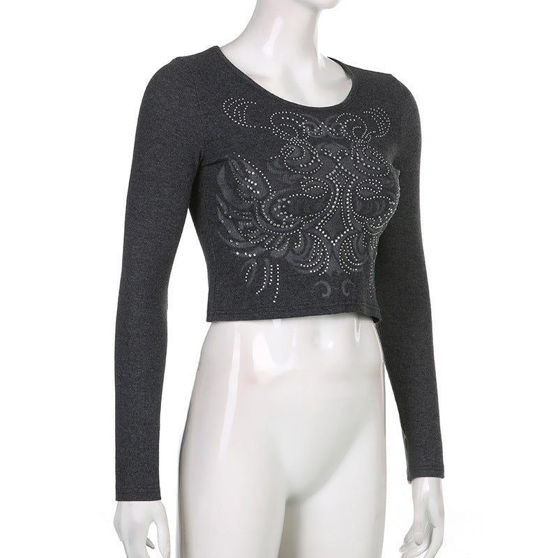 Voguable grunge outfits New Hot Rhinestone Long-Sleeved T-shirt Women's Cropped Top T-shirt Women's Long-Sleeved Autumn voguable