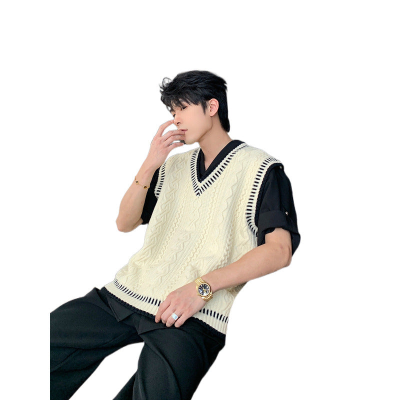 Voguable mens fashion Shanlitadi Autumn and Winter College Style Twist Sweater Men's Casual V-neck Vest Sweater Korean Style Loose Waistcoat Top voguable