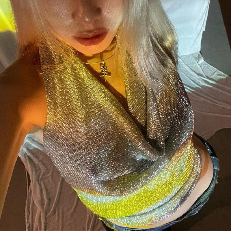 Voguable frat outfits Fashionable Autumn New Sexy Nightclub Bright Silk Reflective Swing Collar Backless Strap Halter Camisole for Women voguable