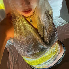 Voguable frat outfits Fashionable Autumn New Sexy Nightclub Bright Silk Reflective Swing Collar Backless Strap Halter Camisole for Women voguable