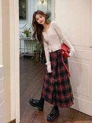 Voguable grunge outfits Retro Scottish Plaid Skirt Women's Long High Waist A- line Hip Skirt Slimming Draping Pleated Skirt voguable