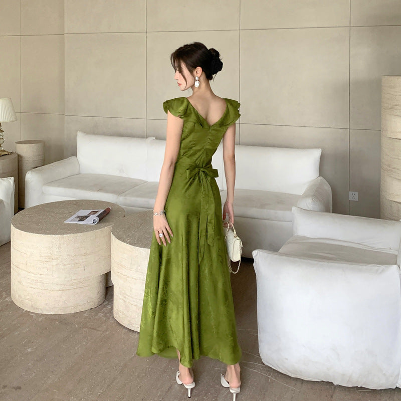 Voguable masquerade dress to impress High Quality Summer New Elegant Lady V-neck Sleeveless Lace-up Ruffled Collar Dress Women's Waist Slimming A- line Skirt voguable
