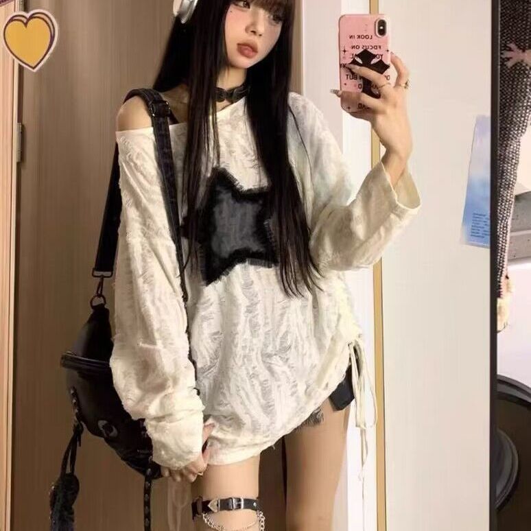 Voguable grunge dti Japanese Style Drawstring Gray Functional Style Hot Girl T-shirt Autumn Women's Top Star Ripped Loose Long Sleeve Bottoming Shirt Trendy voguable