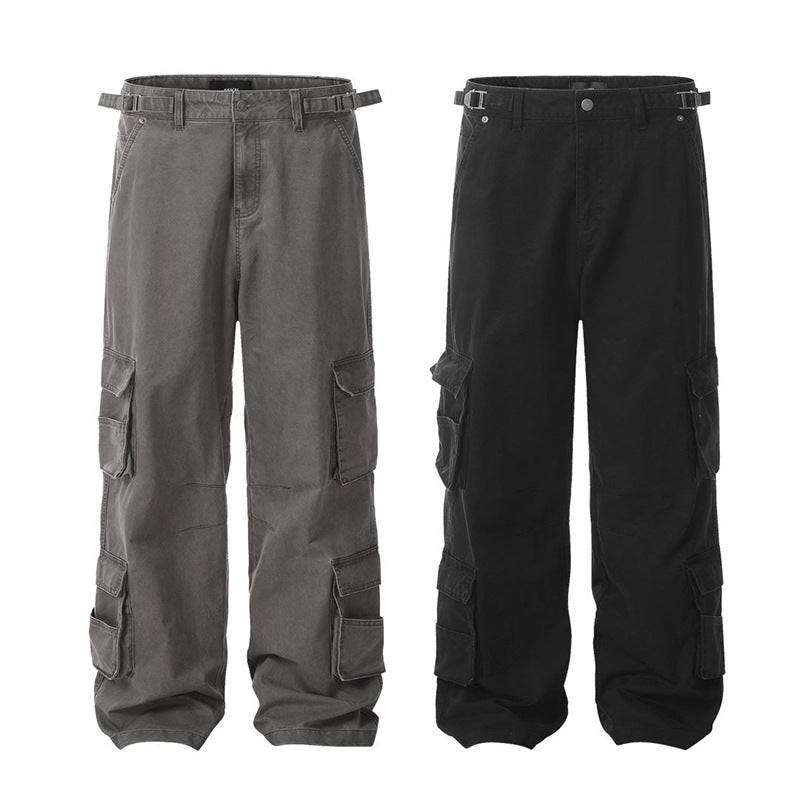 Voguable black men fashion urban 11kn American Overalls Men's and Women's Retro Multi-Pocket Loose Wide-Leg Cleanfit Casual Trousers voguable