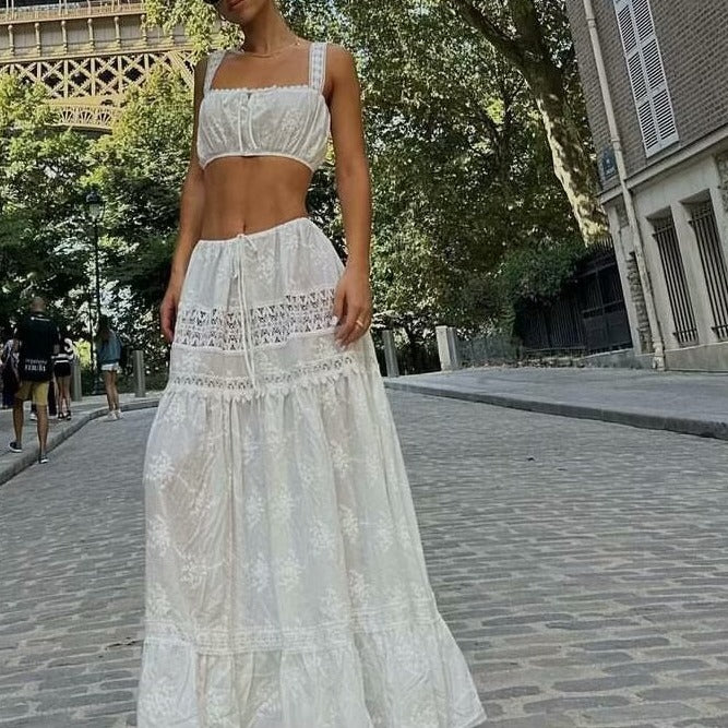 Voguable dti outfits French Style Suit Women's New off-Neck Lace Short Top + High Waist Lace-up Stitching Dress voguable