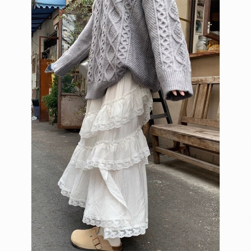 Voguable outfit inspo Sweet White Lace Stitching Skirt for Women Spring New Fashion Niche Chic Long Skirt voguable