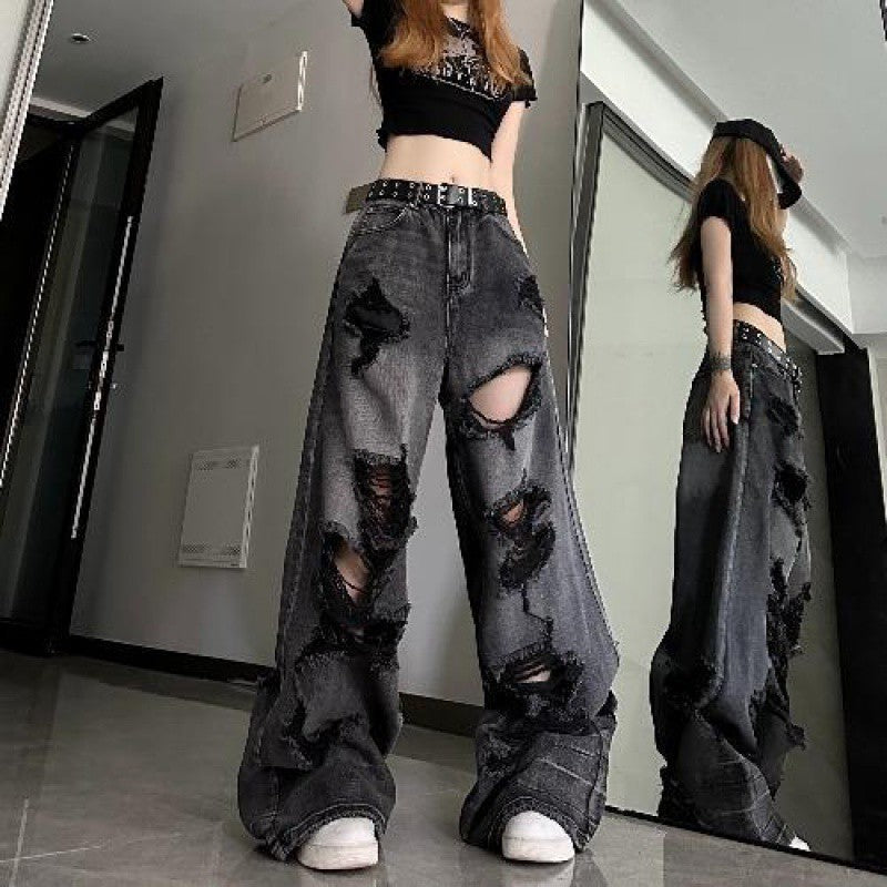 Voguable grunge dti American High Street Ripped Jeans Men's and Women's Summer Loose Slimming Versatile Wide-Leg Trousers Washed Distressed Pants voguable