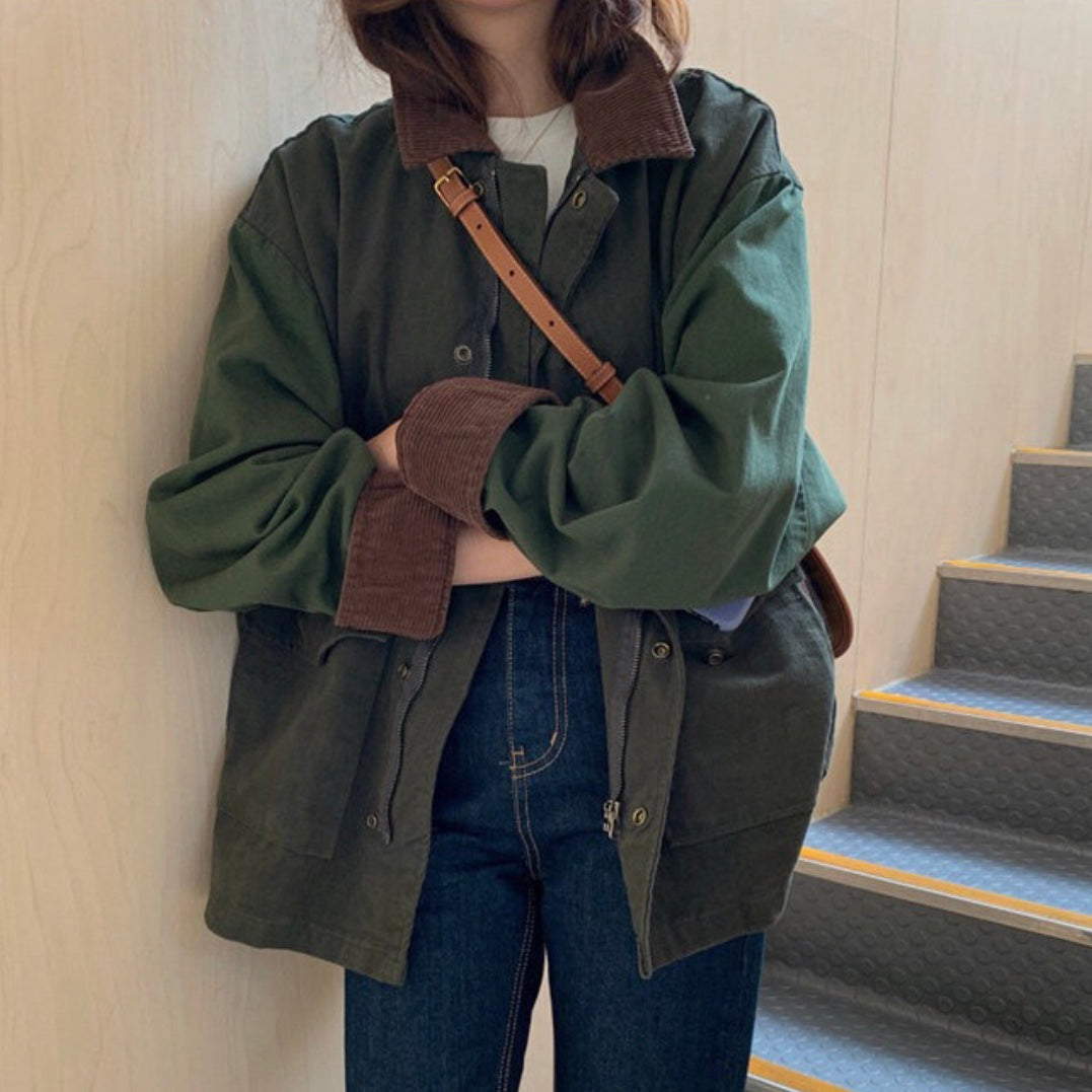 Voguable men’s fashion American Lapel Army Green Workwear Jacket Women's Spring Loose High-End Casual Retro Mid-Length Coat Top voguable