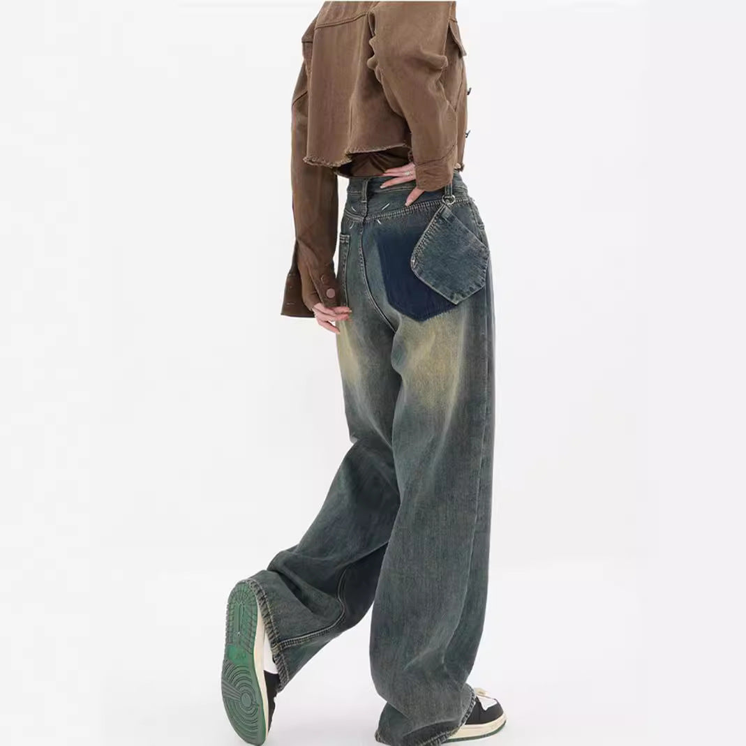 Voguable 90s streetwear Summer New Retro Washed Distressed Straight Jeans Women's High Waist Loose All-Match Wide-Leg Mopping Pants voguable