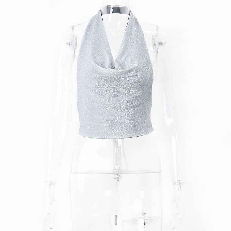 Voguable frat outfits Fashionable Autumn New Sexy Nightclub Bright Silk Reflective Swing Collar Backless Strap Halter Camisole for Women voguable