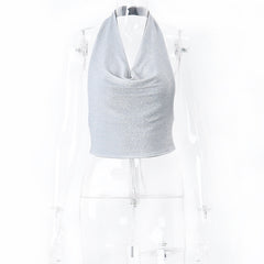 Voguable frat outfits Fashionable Autumn New Sexy Nightclub Bright Silk Reflective Swing Collar Backless Strap Halter Camisole for Women voguable