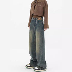 Voguable 90s streetwear Summer New Retro Washed Distressed Straight Jeans Women's High Waist Loose All-Match Wide-Leg Mopping Pants voguable