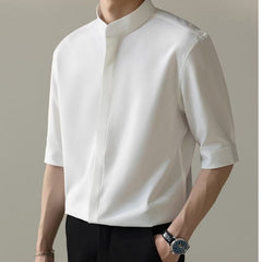 Voguable classy outfits men New Chinese Style Stand Collar Short-Sleeved Shirt Men's Summer New Niche Shirt Trendy Ice Silk Drape All-Match Top voguable