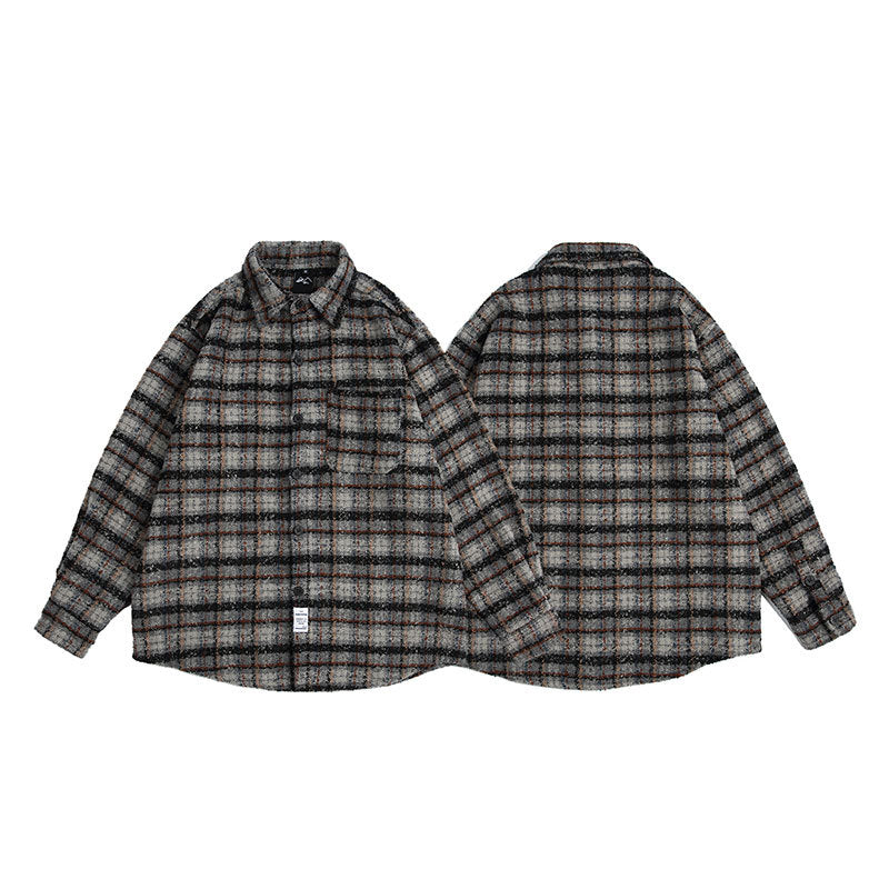 Voguable black men fashion urban Dress Vintage Autumn Japanese Retro Woolen Plaid Loose Long Sleeve Shirt Men's and Women's Neutral Style Coat Fashion voguable