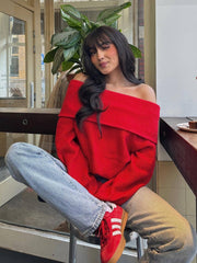 Voguable 2000s fashion Women's Winter Women's off-Shoulder Sexy Slim Solid Color Pullover B62839 voguable