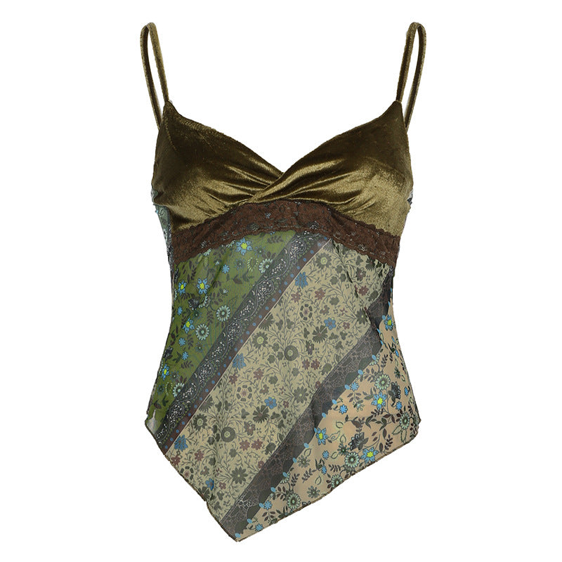 Voguable outfit inspo Retro Pastoral Mori Floral Print Camisole Women's V-neck Loose Lace Stitching Irregular Vest voguable